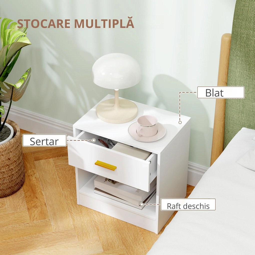 HOMCOM Set de 2 Noptiere Moderne cu Sertar și Raft Deschis din Pal Melaminat, 39x28x41 cm, Alb | Aosom Romania