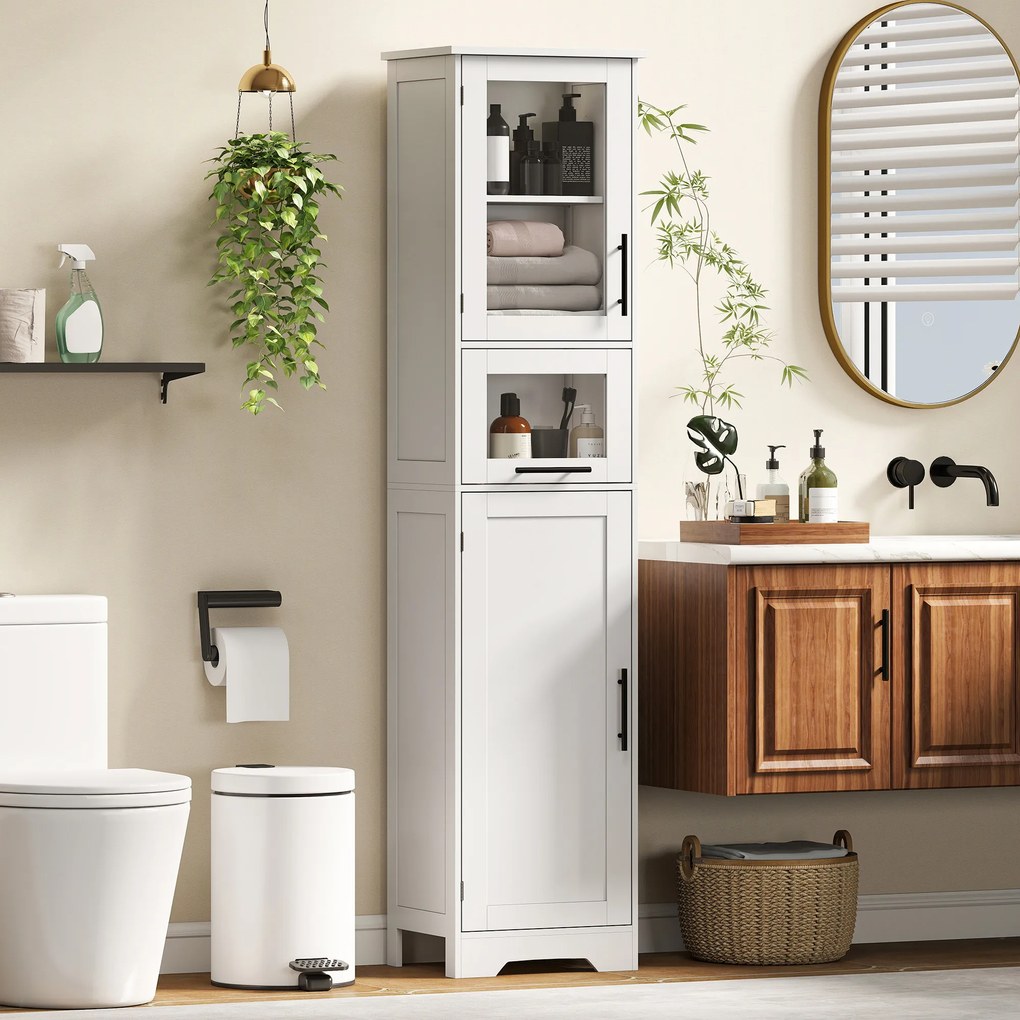 HOMCOM Coloană pentru baie, mobilier de depozitare cu sertar, 2 uși și raft reglabil, 40 x 31 x 170 cm, alb | Aosom Romania