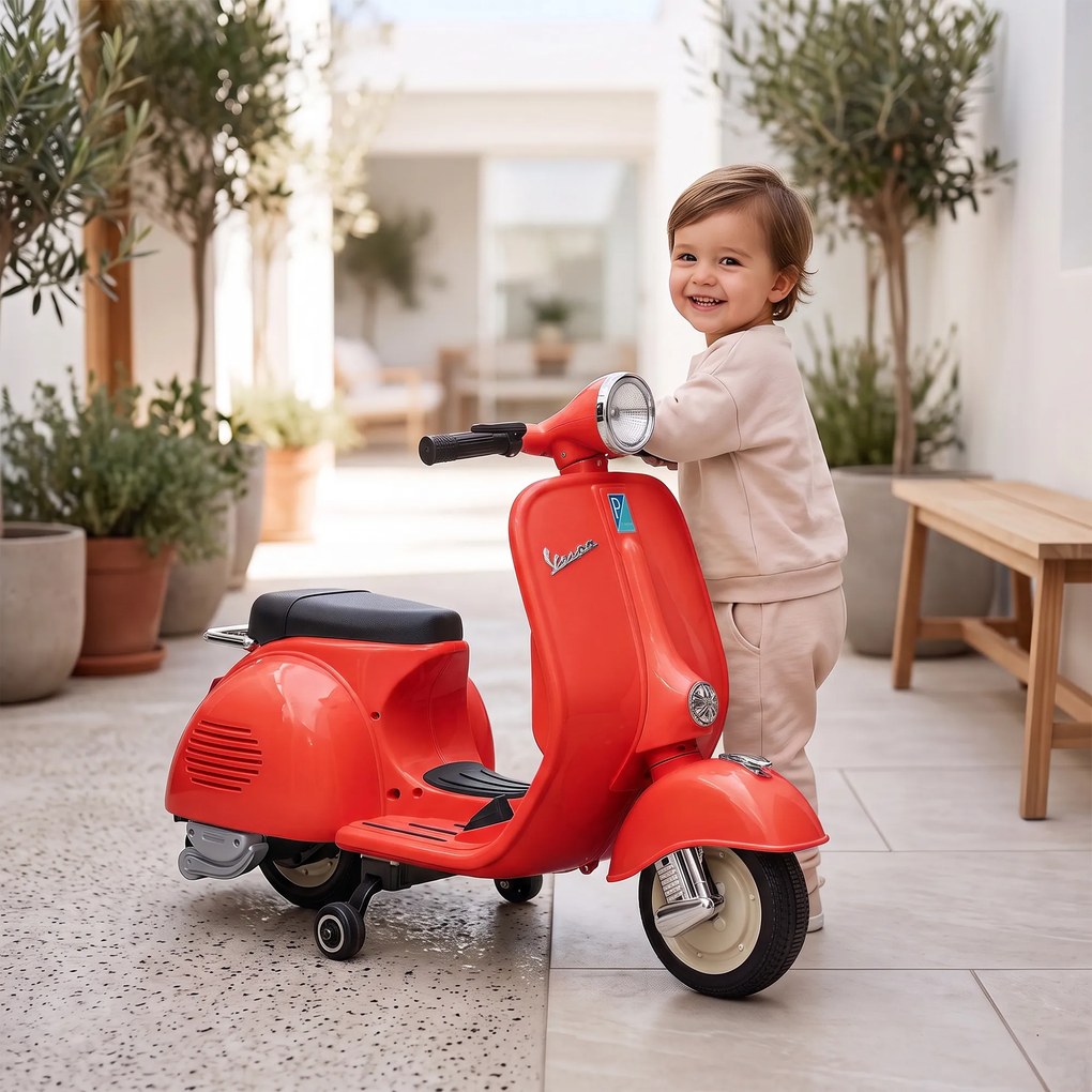 AIYAPLAY Motocicletă Electrică pentru Copii 3+ Ani, licență VESPA, 6V, cu roți ajutătoare detașabile, max. 30 kg, Roșu | Aosom Romania