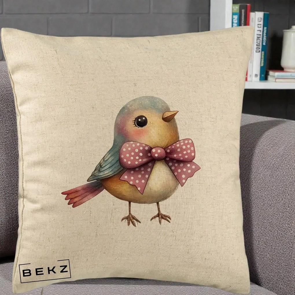 Perna Decorativa Pasare Bleu cu Fundita Roz, 40x40 cm, Bej, Husa Detasabila, Perna Inclusa, BEKZ®