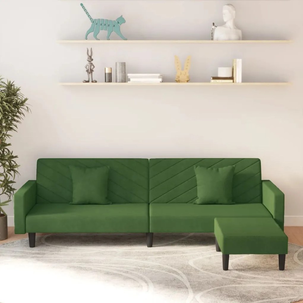 Canapea pat cu 2 perne&amp;taburet, 2 locuri, verde închis, catifea