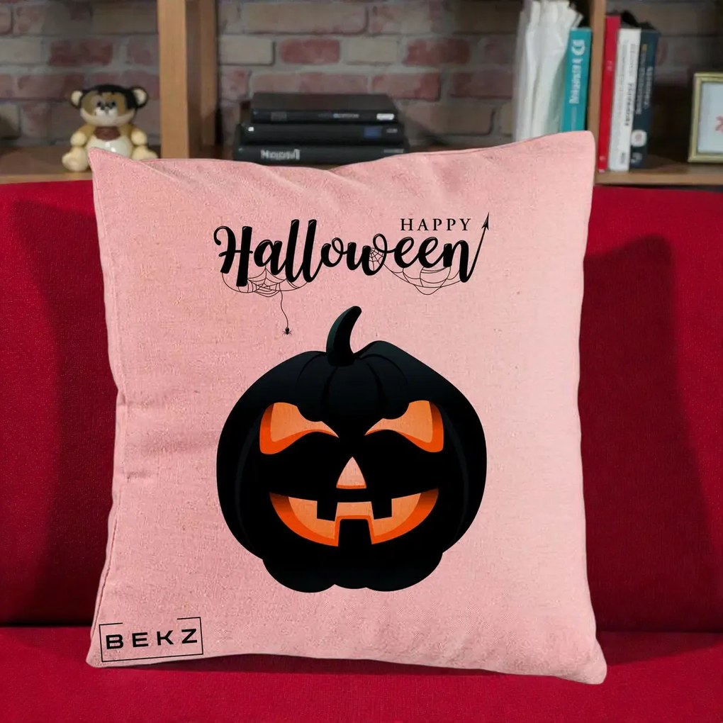Perna Decorativa Happy Halloween Dovleac Negru cu Paianjen, 40x40 cm, Roz, Husa Detasabila, Perna Inclusa, BEKZ®
