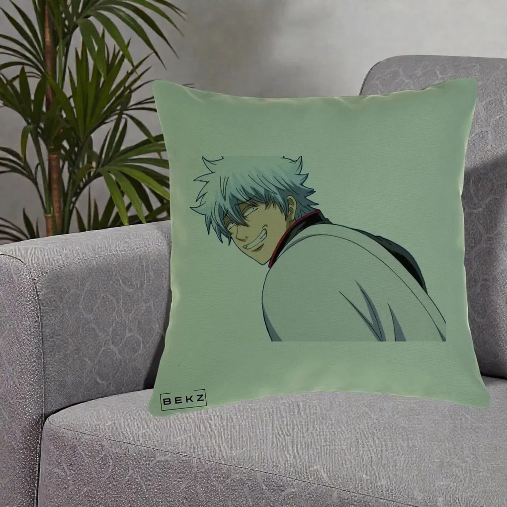 Perna Personalizata Gintama Gintoki Portret cu Zambet, 40x40 cm, Verde, Husa Detasabila, Perna Inclusa, BEKZ®
