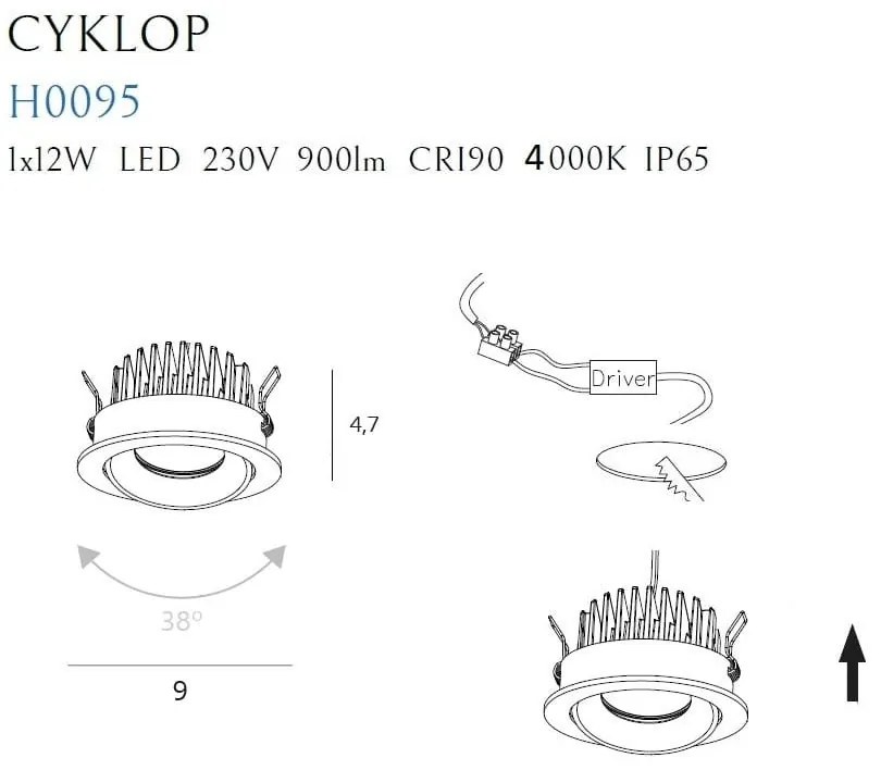 Spot LED incastrabil baie IP65 Cyklop IP65 3000K negru
