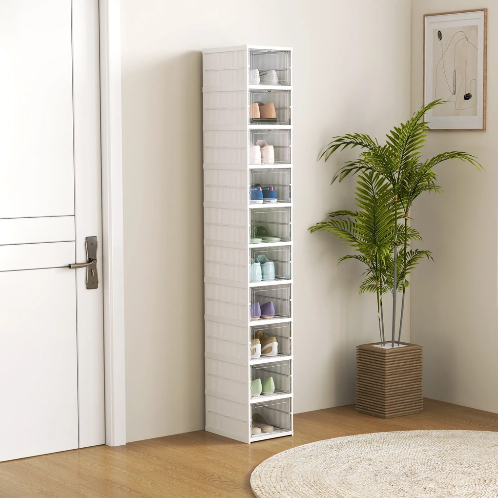 HOMCOM Pantofar Pliabil Slim, Modular, cu 10 Cutii pentru Pantofi, Economisire Spațiu, Fără Montaj, Alb | Aosom Romania