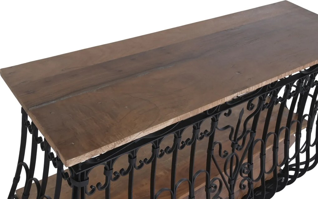 Bar din metal negru și lemn masiv, cu blat natur și rafturi, finisaj vopsit, 97 x 144 x 42 cm, „Périgord”