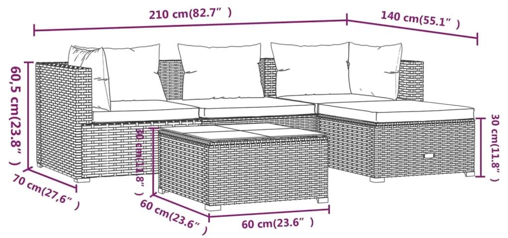 Set mobilier de gradina cu perne, 5 piese, maro, poliratan maro si crem, 2x colt + mijloc + suport pentru picioare + masa, 1