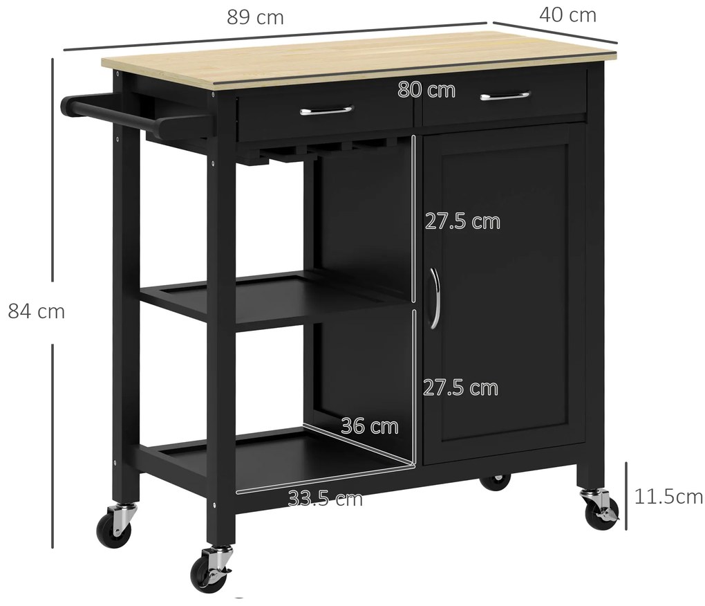 HOMCOM Cărucior de Bucătărie cu Sertare, Roți și Dulap cu 2 Uși 89x40x84 cm Negru | Aosom Romania