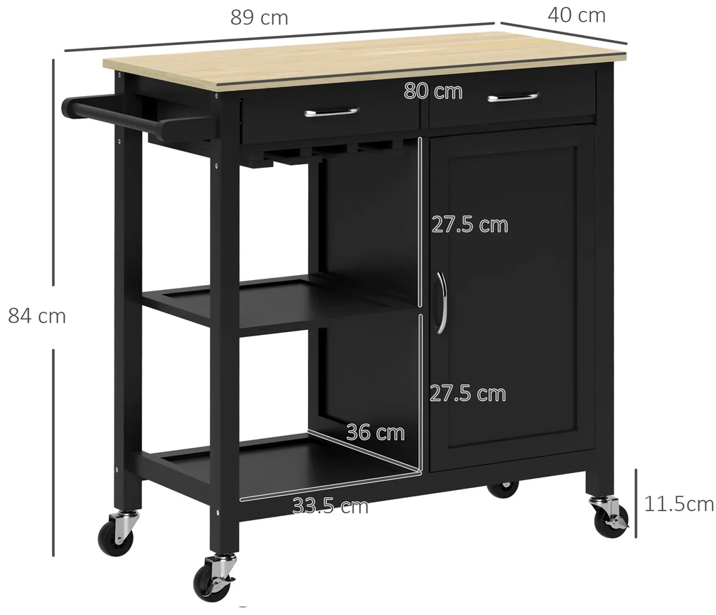HOMCOM Cărucior de Bucătărie cu Sertare, Roți și Dulap cu 2 Uși 89x40x84 cm Negru | Aosom Romania