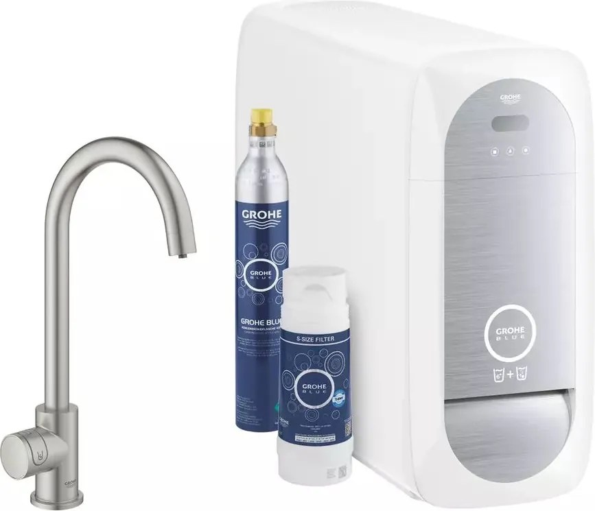 Baterie bucatarie Grohe Blue Home Mono crom periat Supersteel pipa tip C si Starter Kit