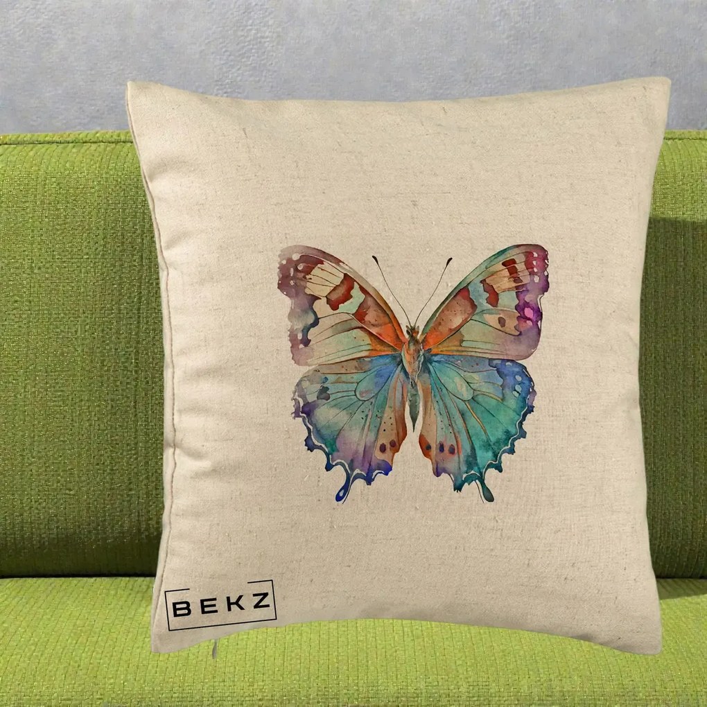 Perna Decorativa Fluture Acuarela Multicolor Portocaliu-Bleu-Mov, 40x40 cm, Bej, Husa Detasabila, Perna Inclusa, BEKZ®