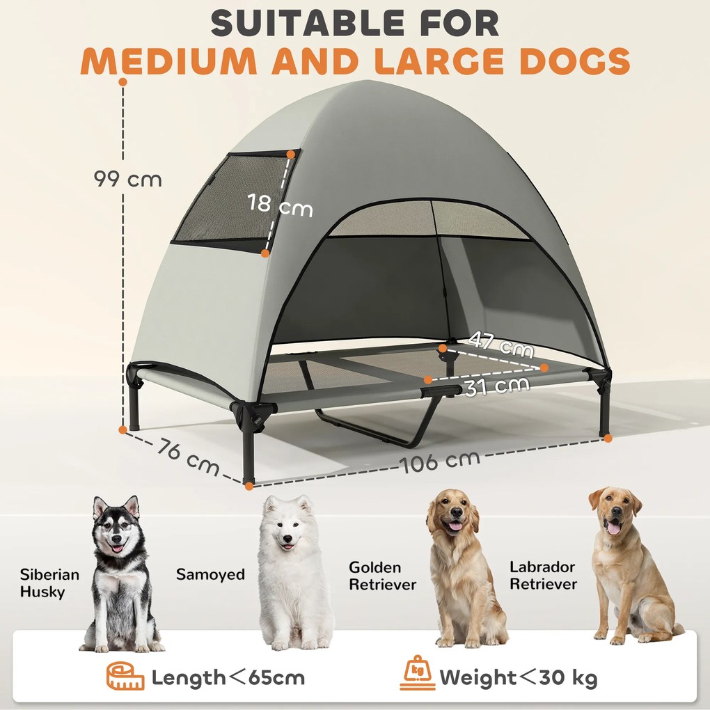 PawHut Pat pentru câini exterior cu acoperiș, pat ridicat pentru câini mari, 106 x 76 x 99 cm, Gri deschis | Aosom Romania