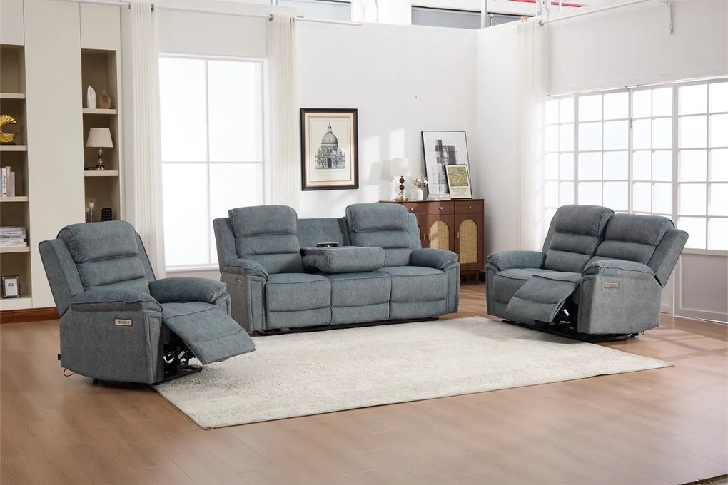 Set canapea dumonde 3+2+1, reclinere electrice, incarcare wireless, priza, masuta, suport pahare Sorren