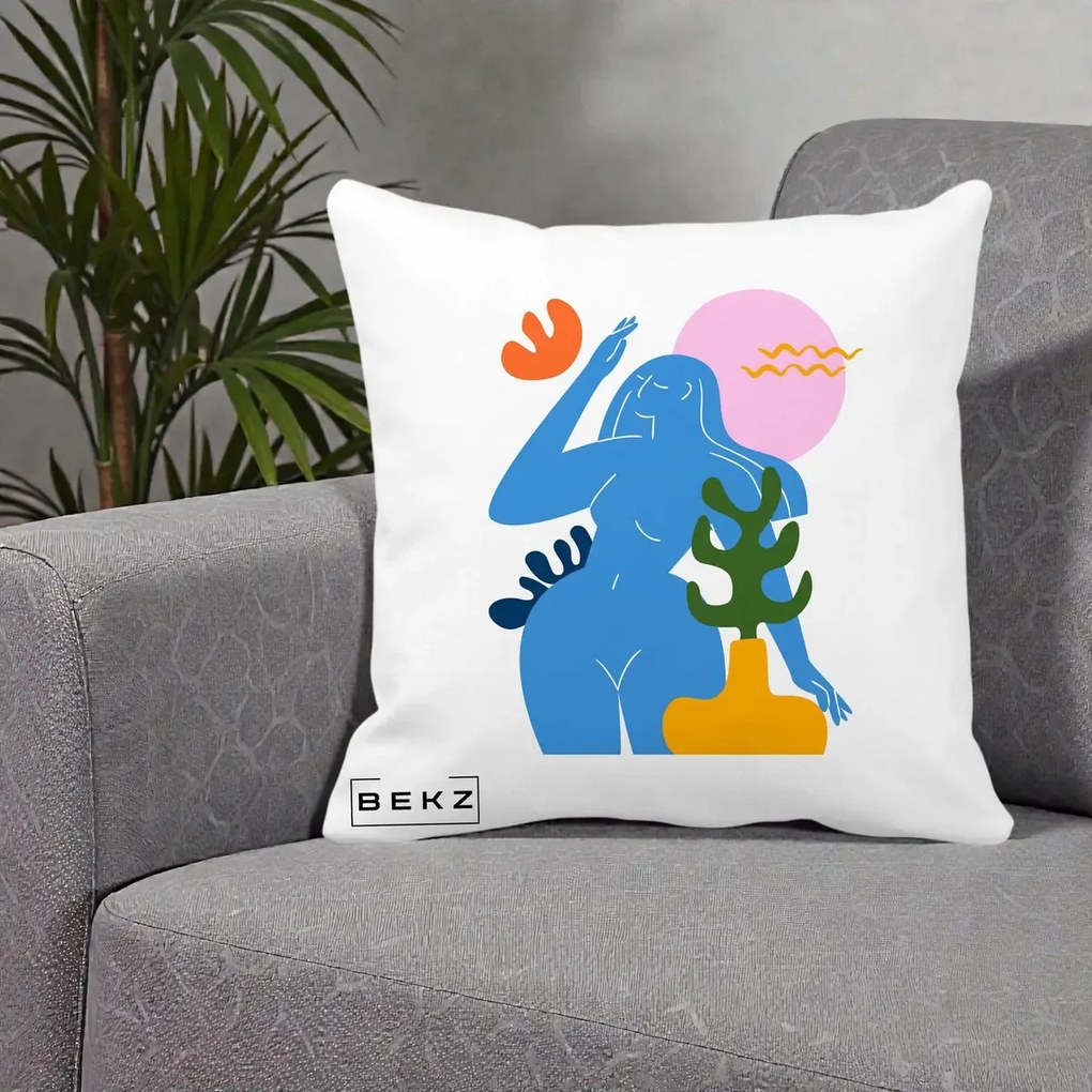 Perna Decorativa Femeie Albastra Cactus, 40x40 cm, Alba Mata, Husa Detasabila, Perna Inclusa, BEKZ®