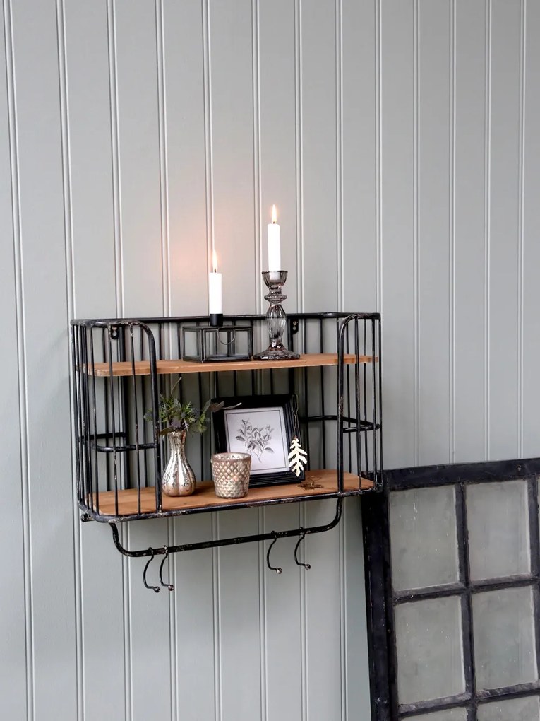Etajeră de perete vintage, din metal, cu 5 agățători, finisaj negru antichizat, Old Shelf