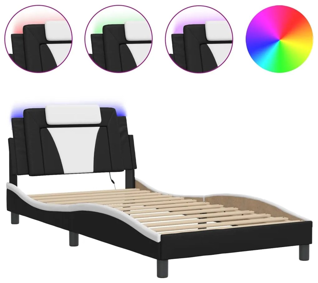 3214006 vidaXL Cadru de pat cu LED, negru și alb, 100x200 cm, piele ecologică