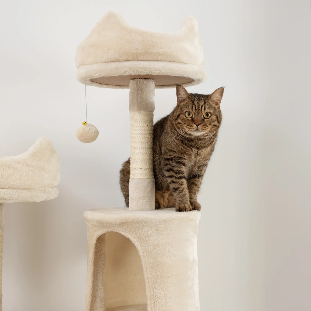 PawHut Ansamblu de Zgâriat pentru Pisici, 206 cm, cu Stâlpi din Sisal, Peșteri și Hamace, Bej | Aosom Romania