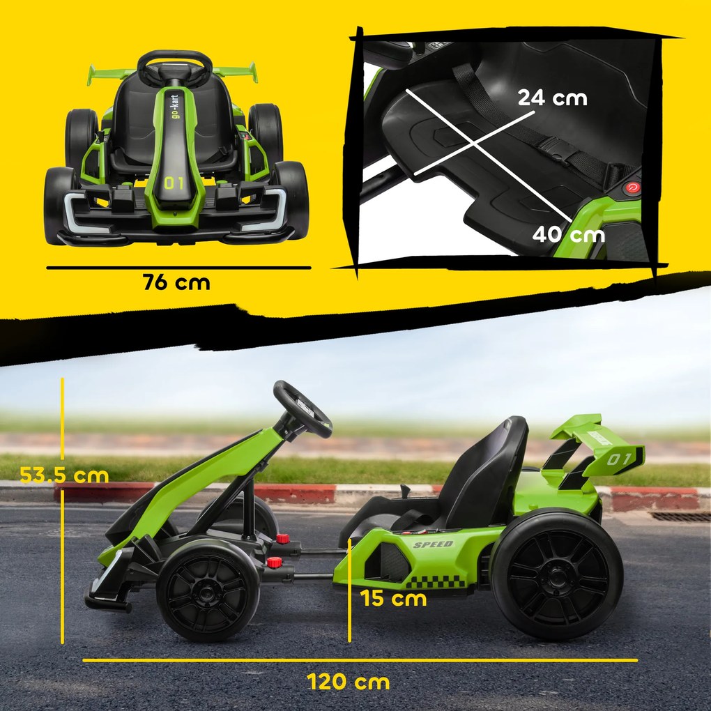 HOMCOM Go Kart Electric pentru Copii cu Scaun Reglabil, 2 Motoare, Claxon, Lumini și Muzică, 120x76x53,5 cm, Verde | Aosom Romania