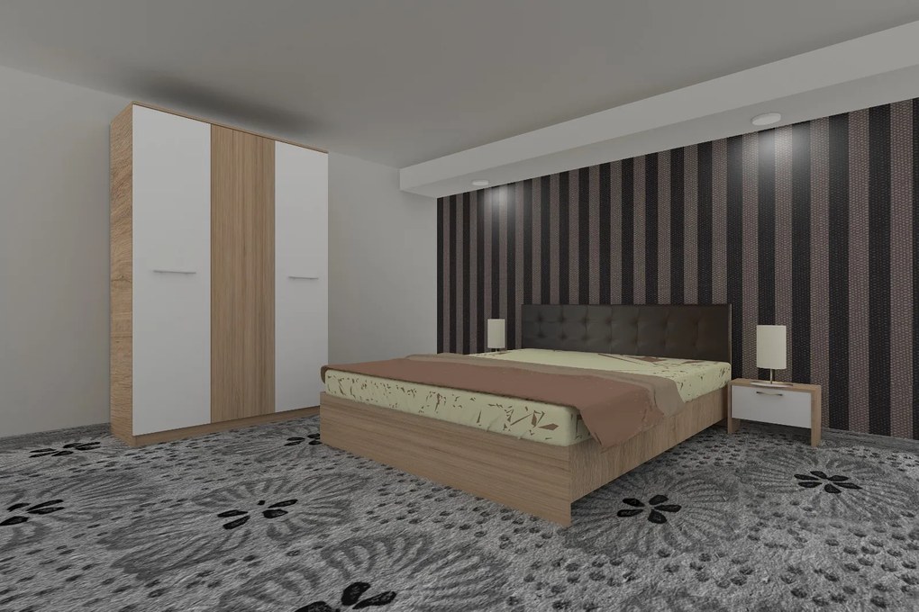 Dormitor Luiza 3U4PTM, culoare sonoma / alb, cu pat tapiterie maro 140 x 200, dulap cu 3 usi 123 cm si 2 noptiere