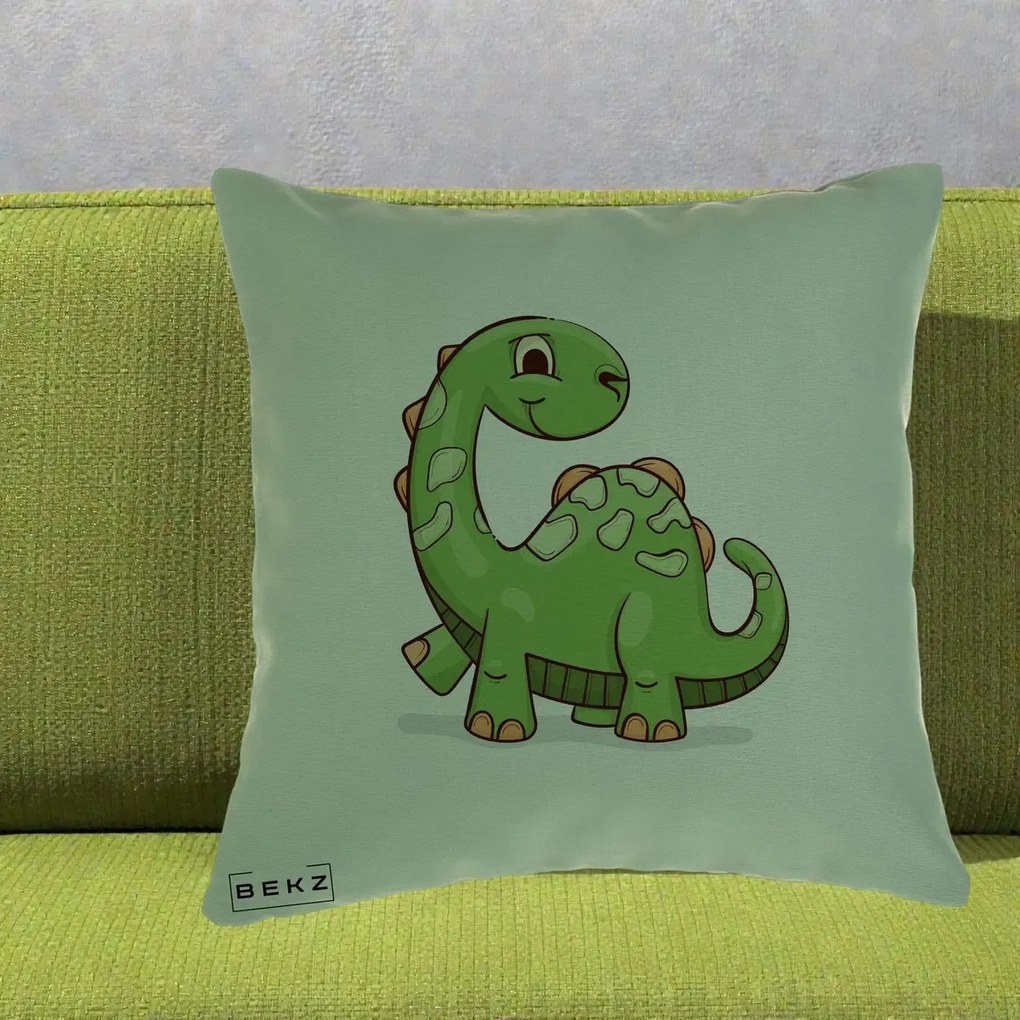 Perna Decorativa Brontosaur Verde Simpatic, 40x40 cm, Verde, Husa Detasabila, Perna Inclusa, BEKZ®