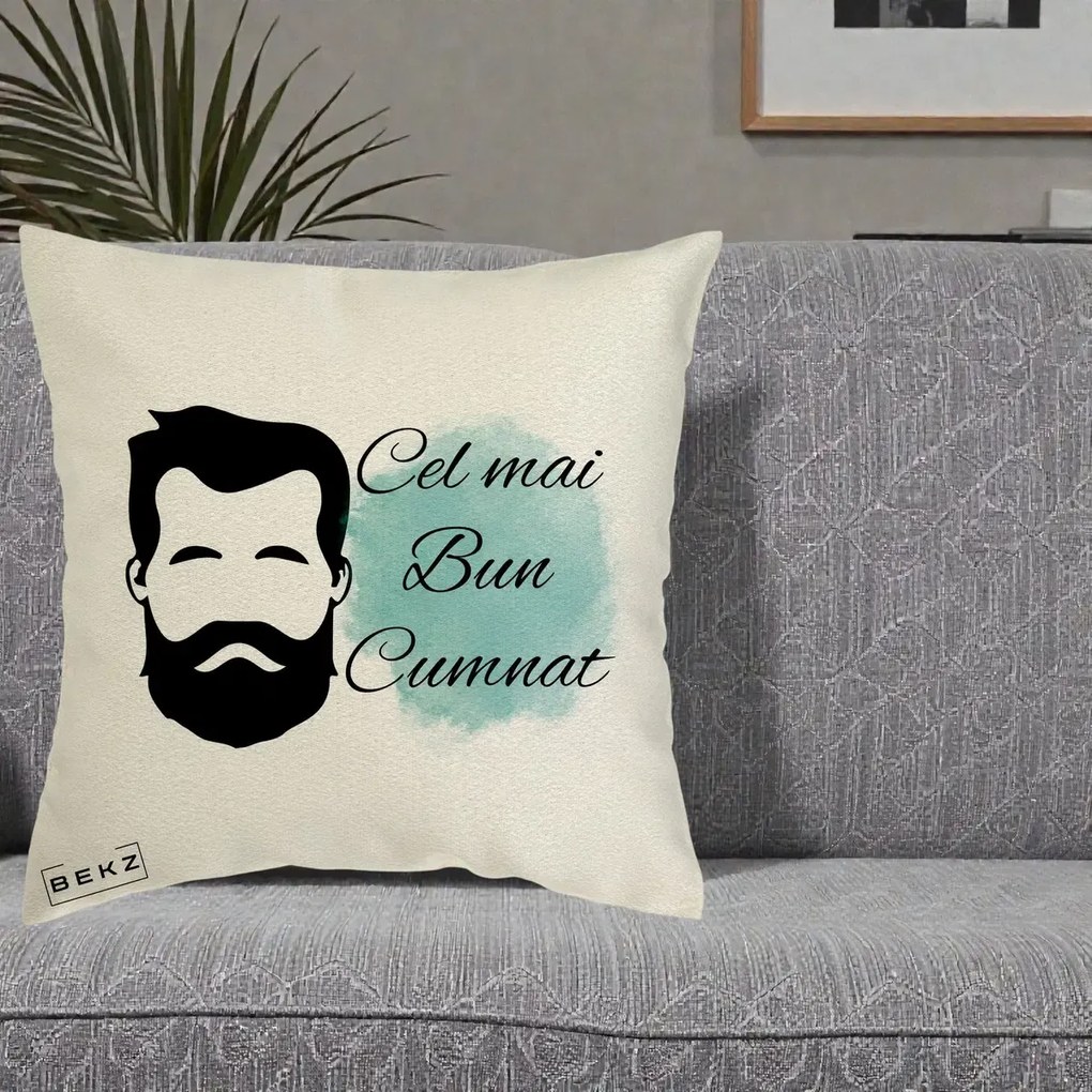 Cadou pentru Cumnat - Perna Personalizata Cel mai Bun Cumnat cu Portret Barbat si Pete Teal, 40x40 cm, Ecru, Husa Detasabila, Perna Inclusa, BEKZ®
