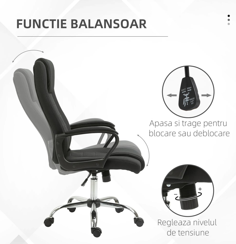 Vinsetto Scaun de Birou Ergonomic, Basculant și Captusit cu Înălțime Reglabilă, 62x76x110-119 cm, Negru | Aosom Romania