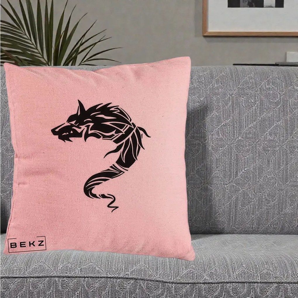 Perna Decorativa Lup Tribal Alb-Negru, 40x40 cm, Roz, Husa Detasabila, Perna Inclusa, BEKZ®