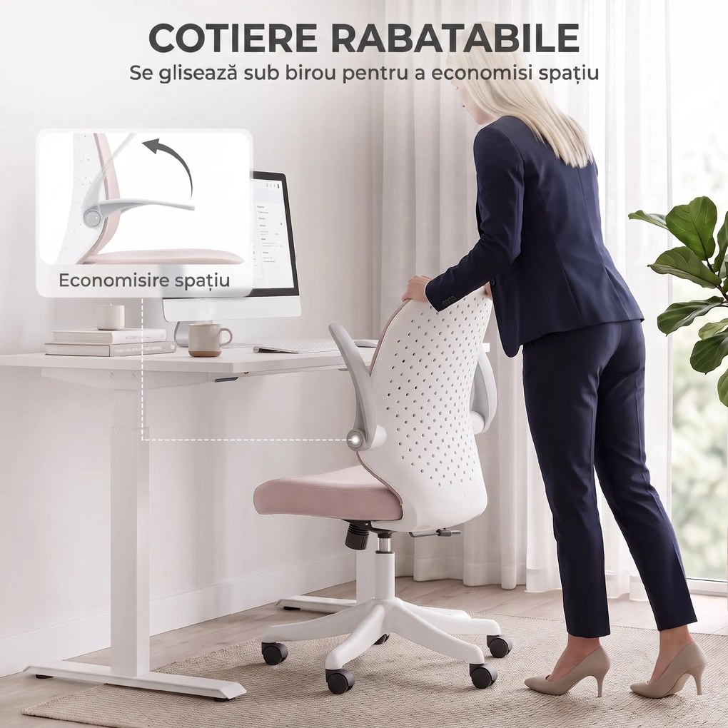 HOMCOM Scaun de Birou Ergonomic cu Brațe Rabatabile și Înălțime Reglabilă, Mesh Respirabil, 60,5x54x99 cm, Roz | Aosom Romania