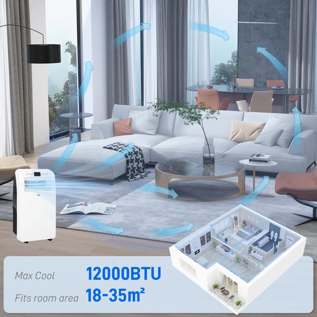 HOMCOM Aparat de Aer Condiționat Portabil cu Temporizator, 3 Moduri și 3 Viteze, Aer Condiționat din Plastic, 44.3x34x81.5 cm, Alb | Aosom Romania