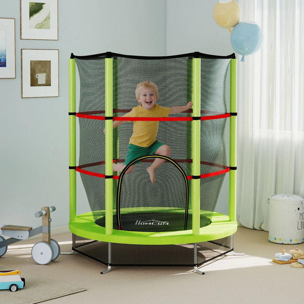 HOMCOM Saltea Elastică pentru Copii 3-6 Ani cu Plasă de Protecție, 6 Stâlpi și 3 Intrări, Ø140x190 cm, Verde | Aosom Romania