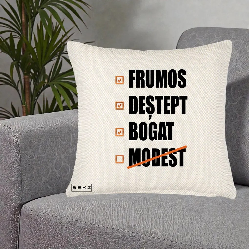 Perna Decorativa Frumos Destept Bogat, 40x40 cm, Crem Reliefat, Husa Detasabila, Perna Inclusa, BEKZ®