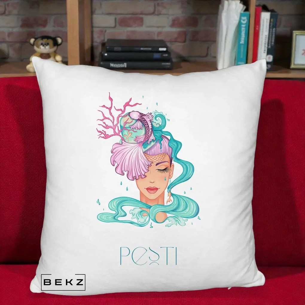 Perna Personalizata Zodiac Pesti Cowgirl, 40x40 cm, Alb Pufos, Husa Detasabila, Perna Inclusa, BEKZ®