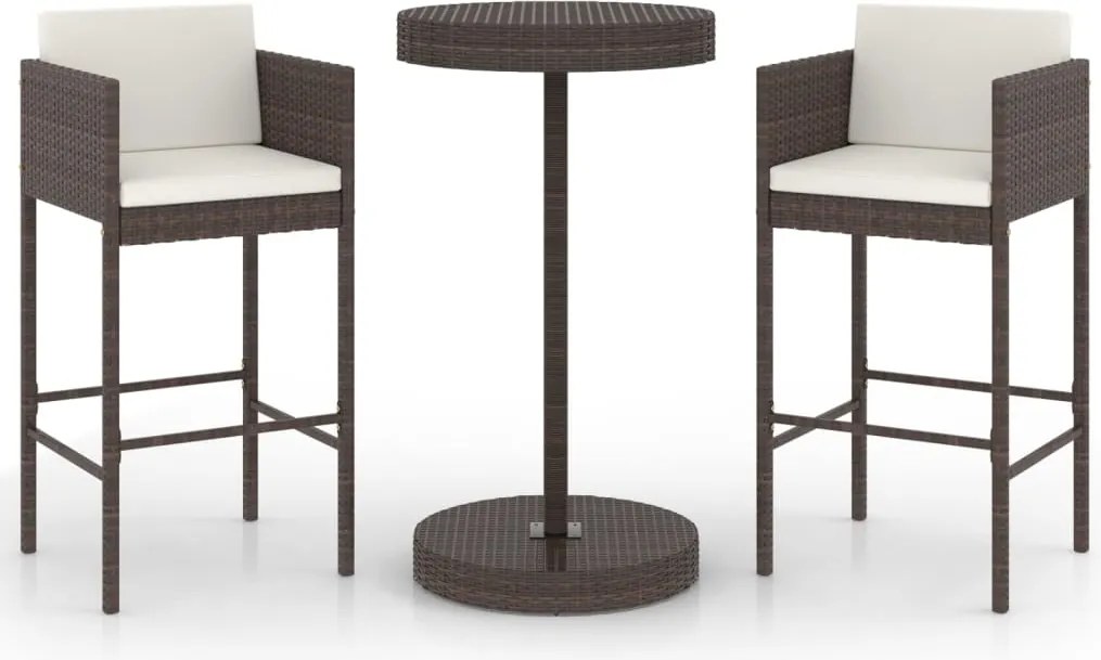 vidaXL Set mobilier bar de grădină, cu perne, 3 piese, maro, poliratan