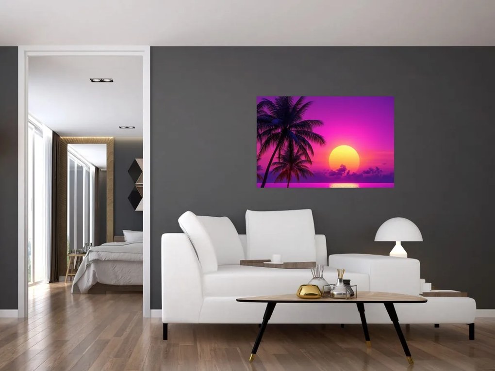 Tablou - Apus violet cu palmier (90x60 cm)
