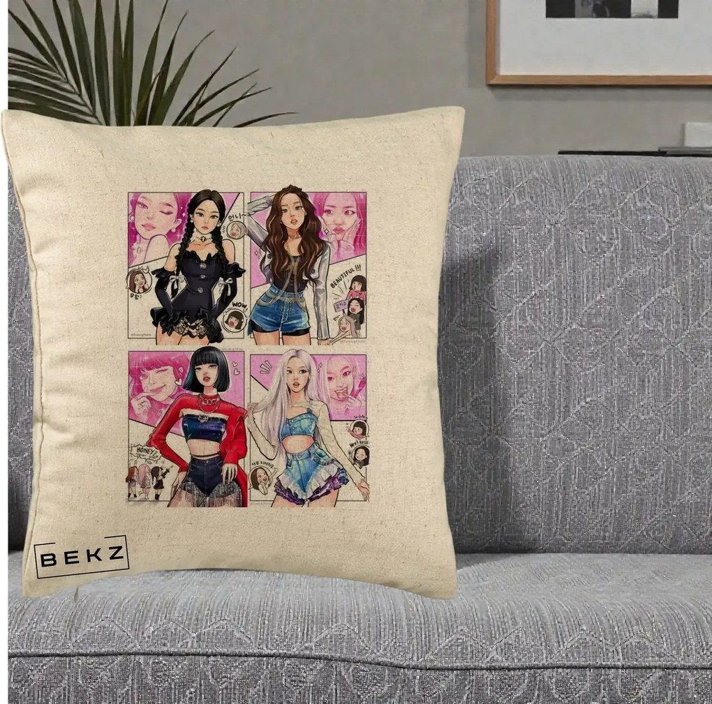 Perna Personalizata K-pop BLACKPINK Fanart Manga Benzi Desenate 4 Membre, 40x40 cm, Bej, Husa Detasabila, Perna Inclusa, BEKZ®