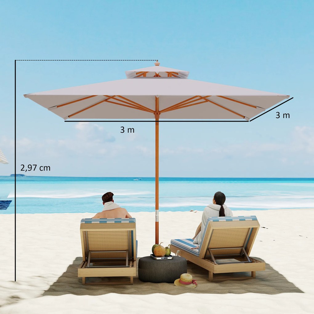 Outsunny Umbrelă de Grădină cu Sistem cu Coardă și Parasolar cu 2 Niveluri, 300x300x297 cm, Gri | Aosom Romania