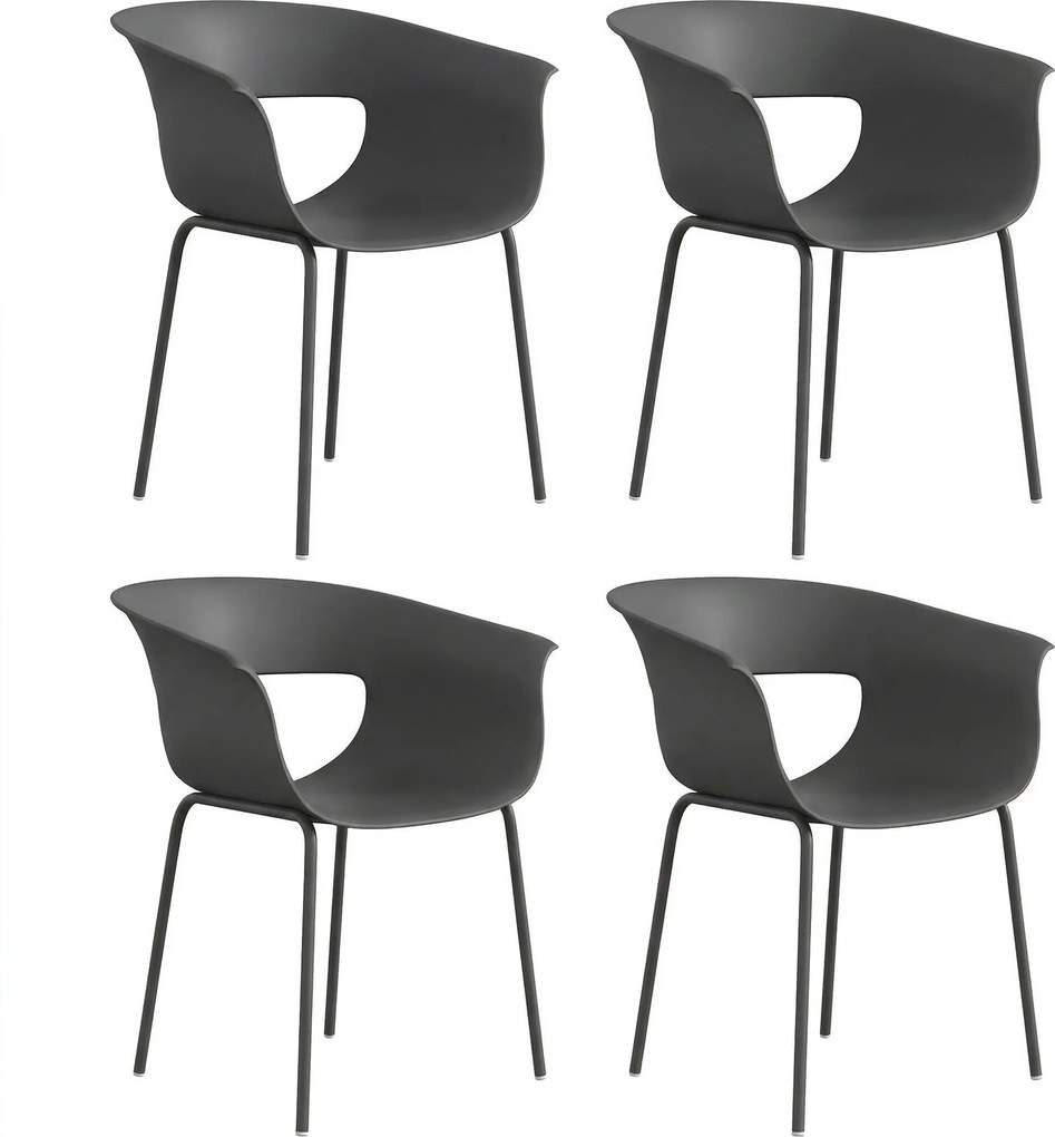 Outsunny Set de 4 Scaune de Exterior, cu Brațe, Spătar Perforat, Picioare Metalice, Gri Închis | Aosom Romania