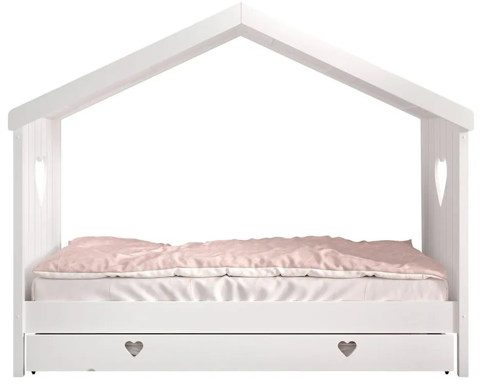 Pat pentru copii alb de tip casă/cu extensie suplimentară din lemn masiv de pin cu spațiu de depozitare 90x200 cm AMORI – Vipack