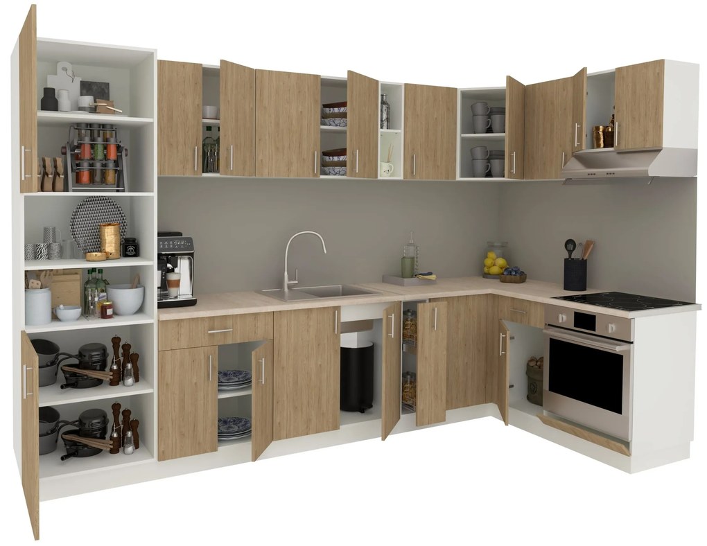 Set Bucatarie Colt Karo V35, Lemn Natural/Alb, Blat Thermo 28 mm, L 320 x 160 cm