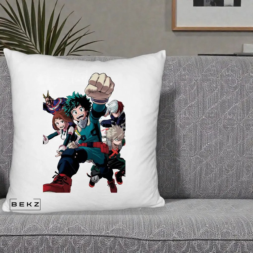 Perna Personalizata My Hero Academia Izuku Deku si Echipa, 40x40 cm, Alb Pufos, Husa Detasabila, Perna Inclusa, BEKZ®
