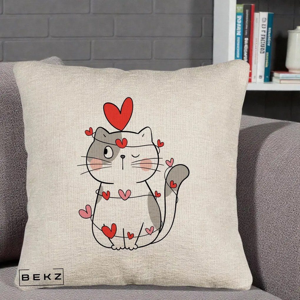 Perna Decorativa Pisica Kawaii cu Inimi, 40x40 cm, Bej Canapea, Husa Detasabila, Perna Inclusa, BEKZ®