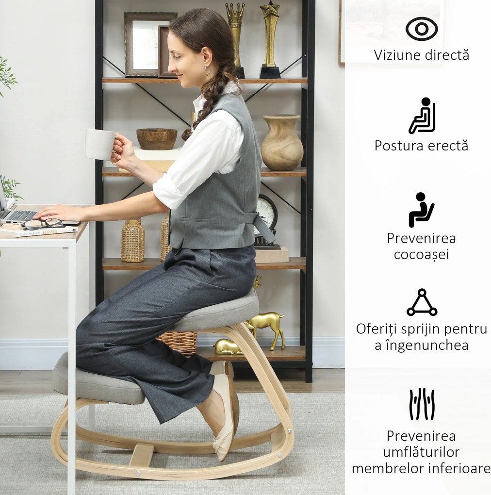 HOMCOM Scaun pentru genunchi cu balansare, din țesătură cu aspect de in și lemn, Gri | Aosom Romania
