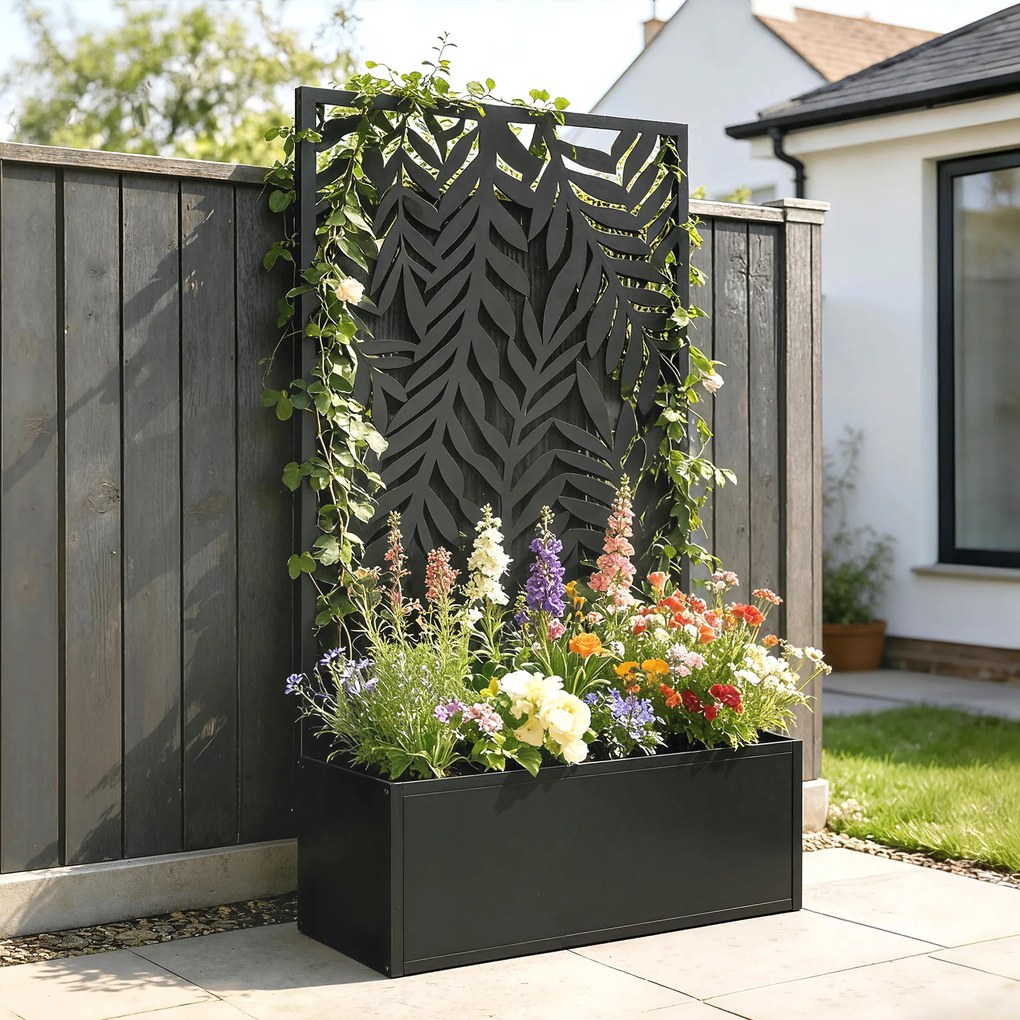Outsunny Jardinieră cu protecție vizuală jardinieră cu spalier motive cu frunze tropicale 61 x 23 x 113 cm Negru | Aosom Romania