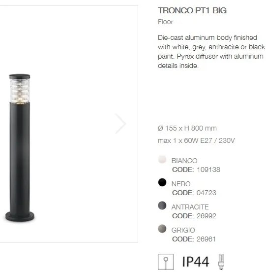 Stalp de iluminat exterior IP44 TRONCO PT1 H80 NERO 004723