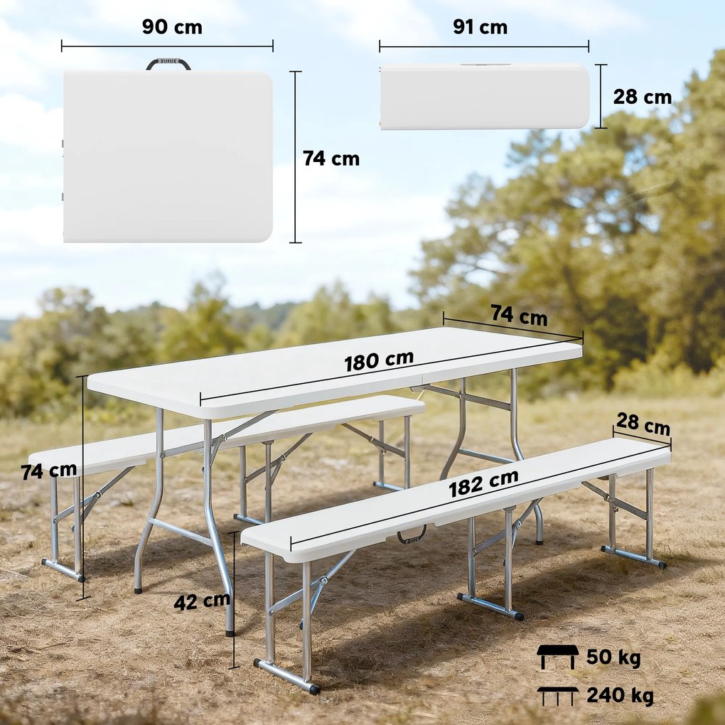 Outsunny Set Masă de Camping Pliabilă cu 2 Scaune, 180x74x74 cm, Alb | Aosom Romania