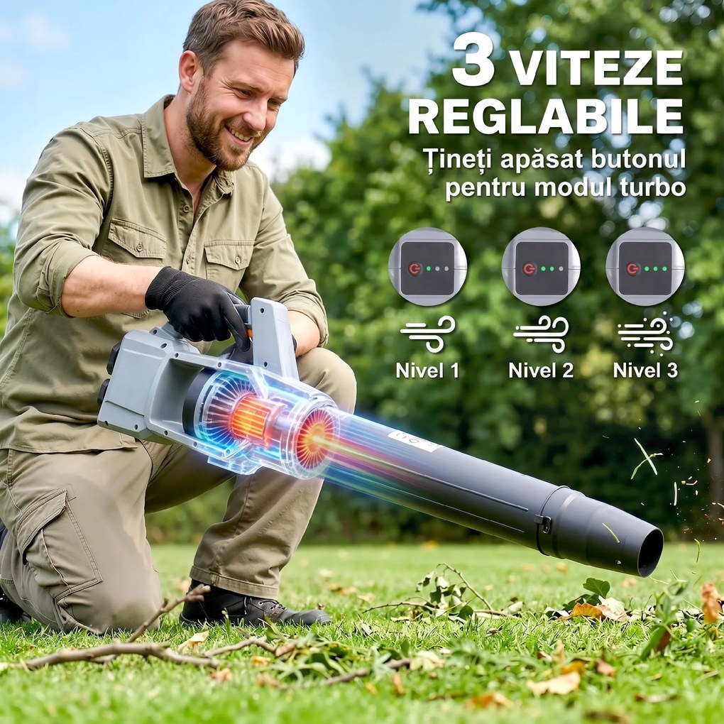 Outsunny Suflător cu Baterie 36V, Suflător de Frunze cu 2 Baterii 4Ah, Motor Brushless 1000W, 3 Niveluri de Viteză 270 km/h, Turbo Boost, Încărcător, Ușor, pentru Grădină, Frunze, Zăpadă, Praf | Aosom Romania