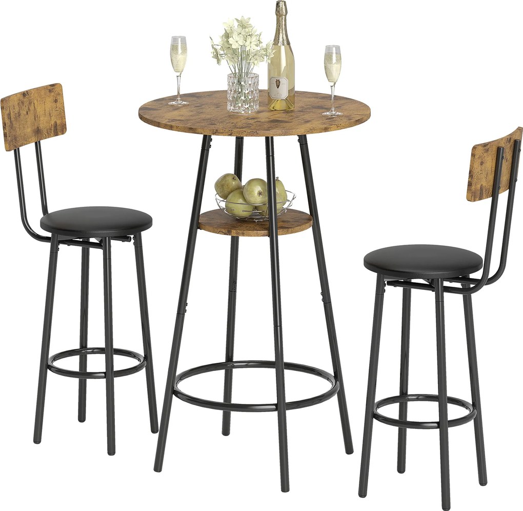 HOMCOM Set de 3 piese pentru masă de bar cu 2 taburete tapițate, tapițerie din piele ecologică, spătar, cadru metalic, maro | Aosom Romania