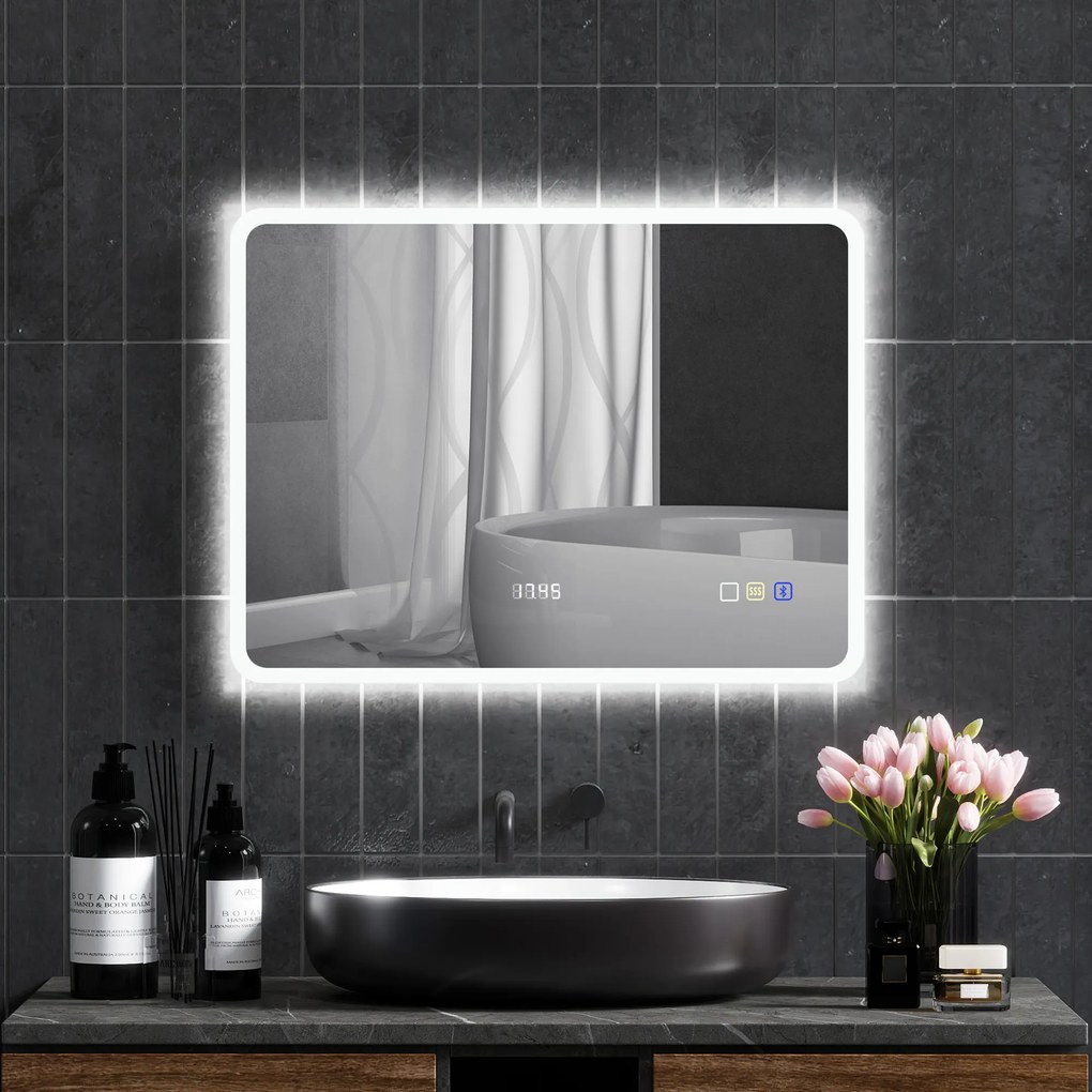 HOMCOM Oglindă LED pentru Baie cu Bluetooth, Iluminare Reglabilă și Funcție de Memorare, din Sticlă Securizată, 80x60x3,5 cm | Aosom Romania