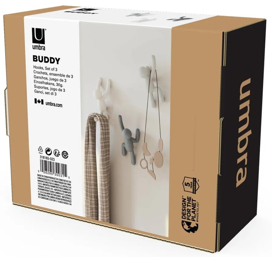 Cârlige 3 buc. de montat pe perete din plastic Buddy – Umbra