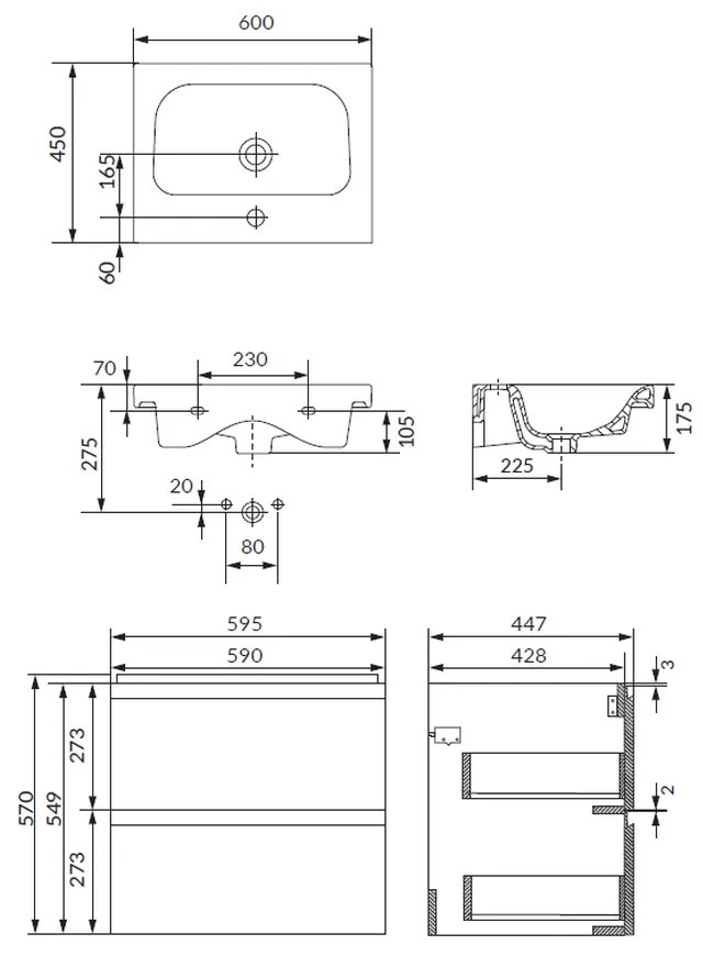 Set dulap baie suspendat 2 sertare cu lavoar Cersanit Moduo 2 inclus, 60 cm, antracit mat